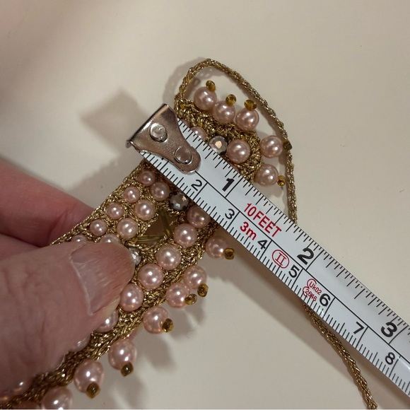 Vintage 1940’s Art deco Pink glass pearl Gold crochet Peter Pan collar with ties - Picture 11 of 17